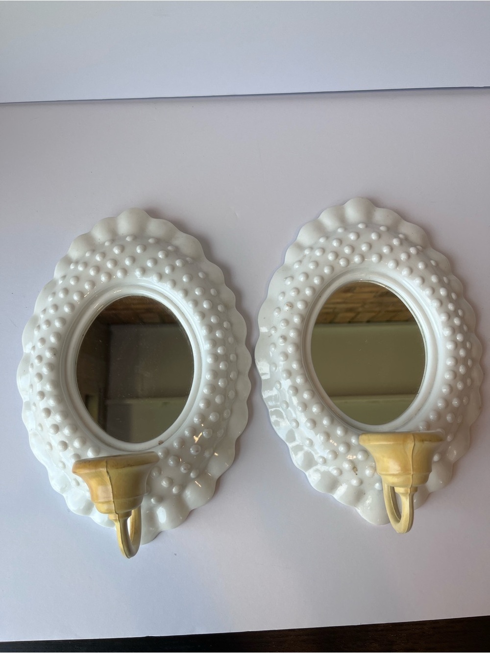 Vintage Burwood White Oval Hobnail  Sconces Wall Mirrors
